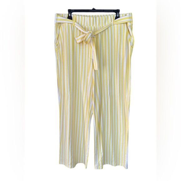 AnyBody Textured Knit Wide Leg Pants Daffodil Yellow/White Stripe Size Large - Picture 2 of 9